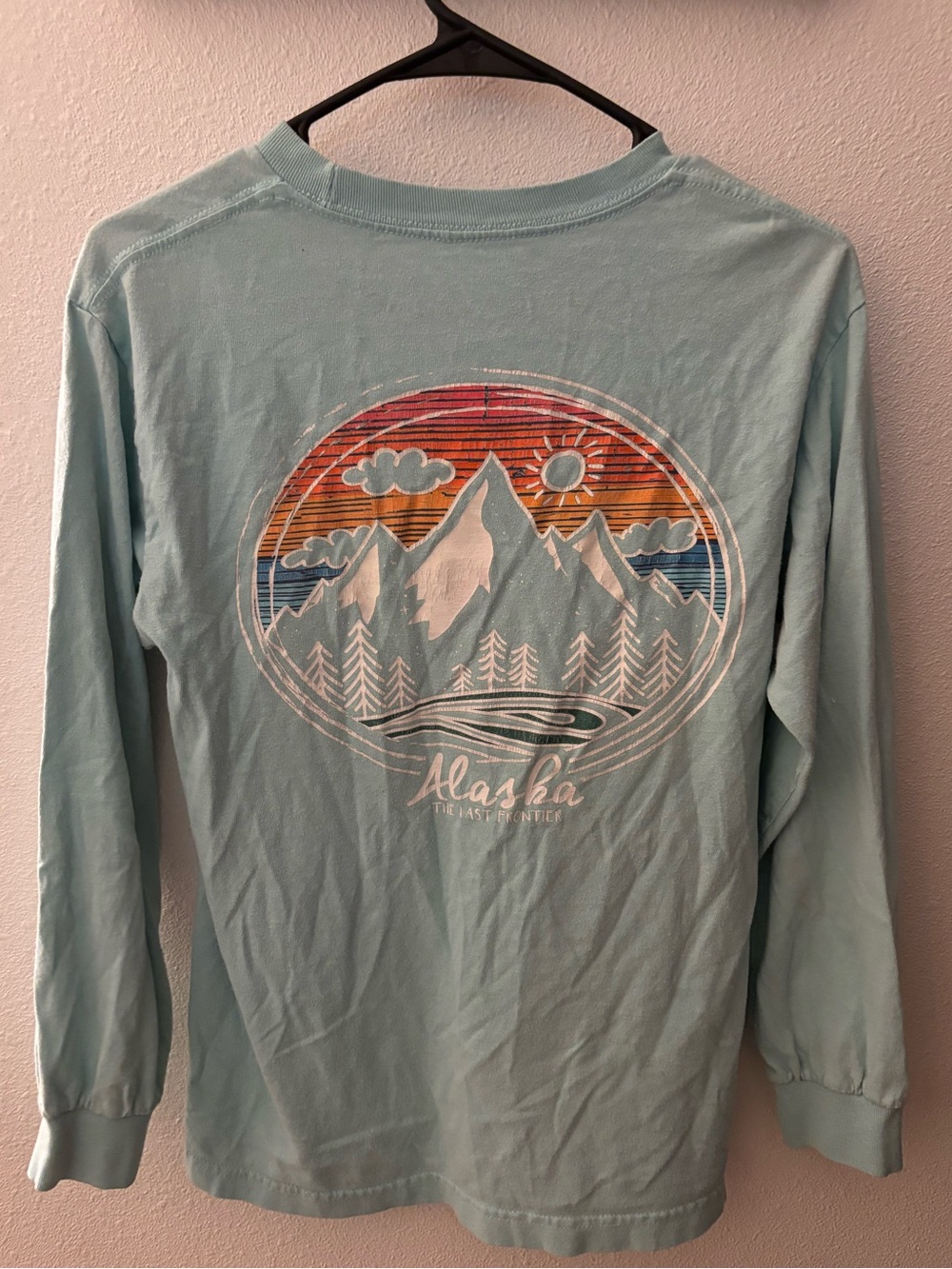 Alaska Graphic Long Sleeve Tee - Light Aqua with Sunset Mountain Print